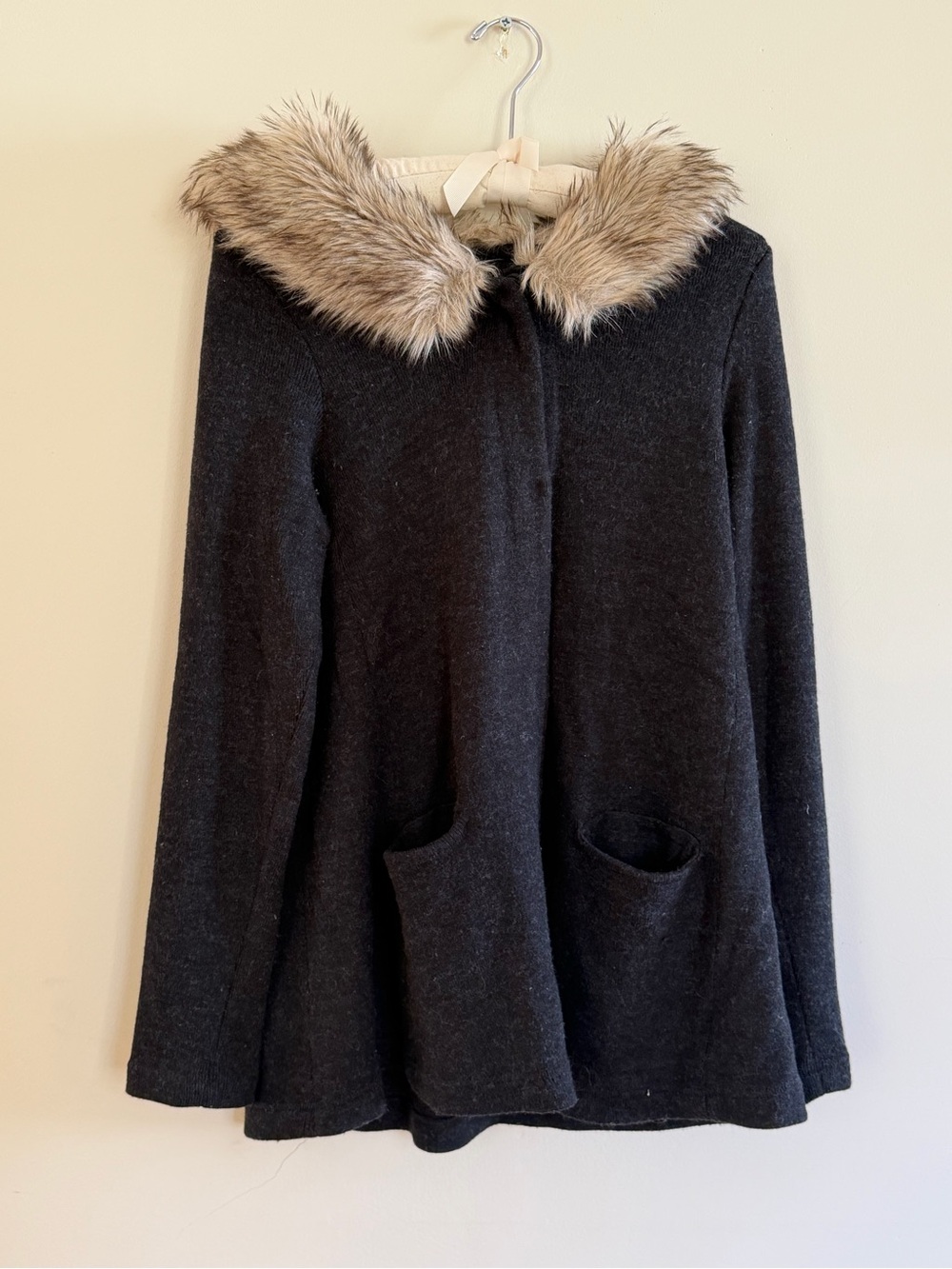 Moth Dark Gray Knit Cardigan with Faux Fur Collar